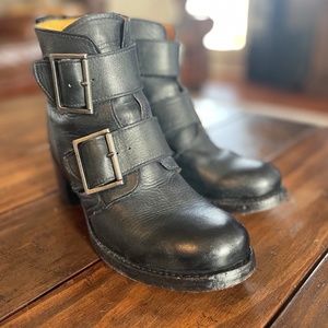 Frye Black Leather Ankle Boots with Buckles